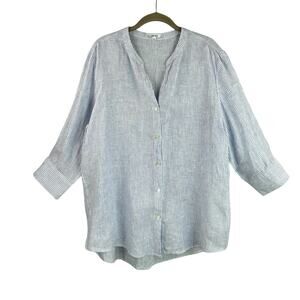 Pure Lino 100% Linen Stripped Blouse Size XL Blue White Beach Resort Cruise